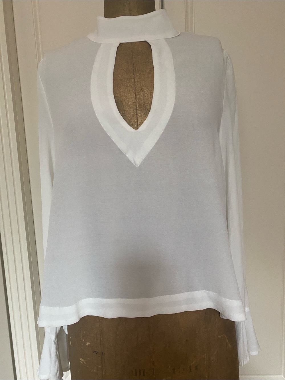 Free People White Sheer Mock-Neck Keyhole Blouse